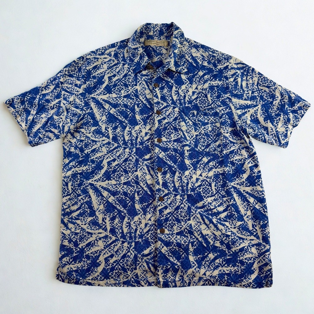 Island Republic Hawaiian Silk Shirt Mens L Blue White Tropical Beach Resort Camp